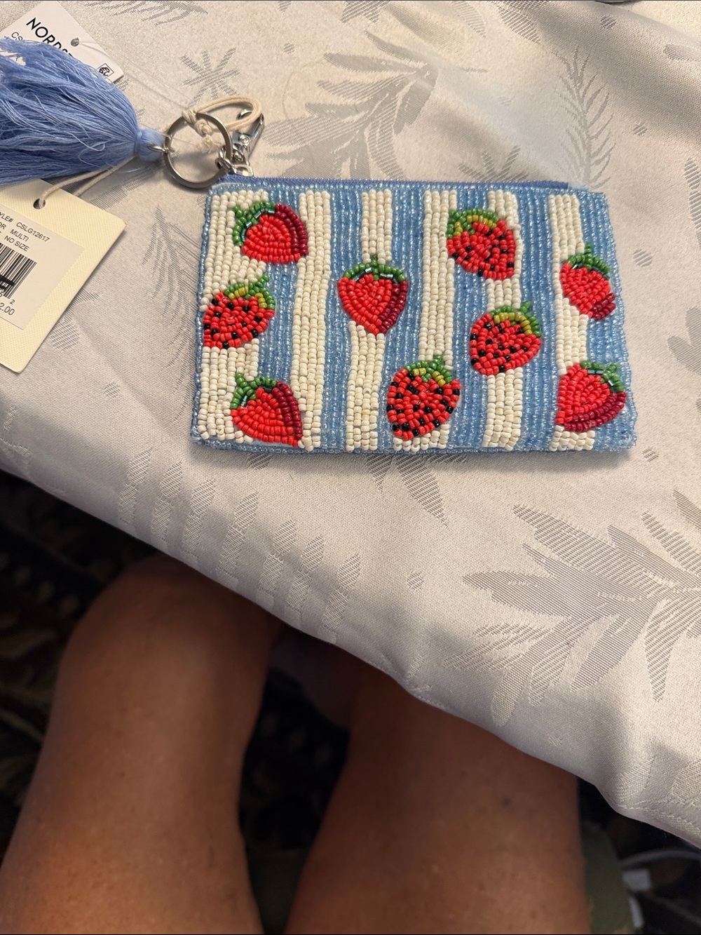 Beaded Strawberry Mini Pouch - Blue & White Stripe